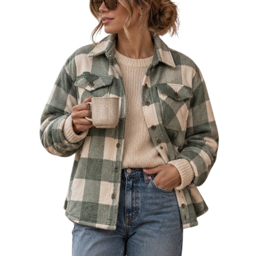 Sage Collective Womens Fleece Lined Plaid Shacket S Teal Checkered Cabin Fall
